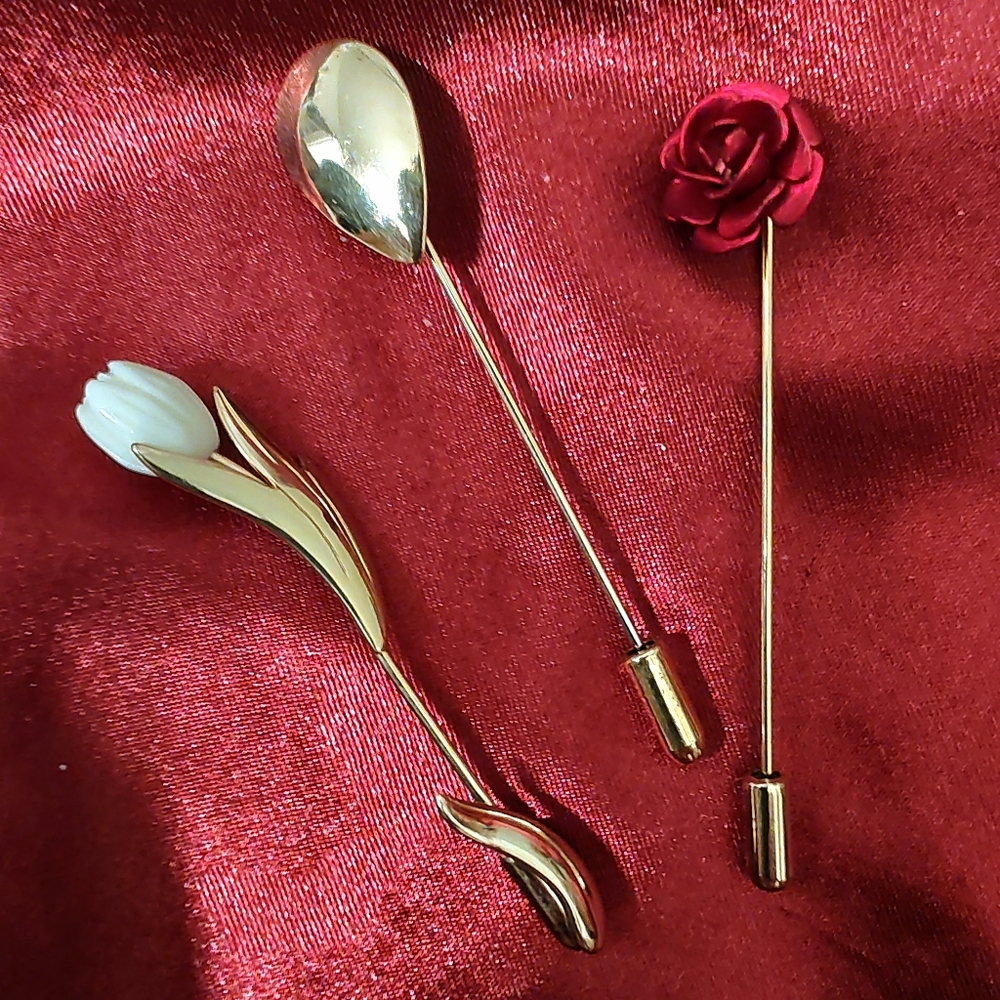 3 Vintage Gold Tone Vintage Stick Pins. The Tulip Is Avon
